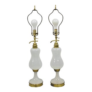 Mid Century Modern White Opaline Milk Glass Seltzer Bottle Table Lamps - A Pair For Sale