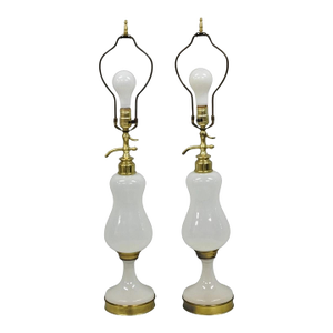 Mid Century Modern White Opaline Milk Glass Seltzer Bottle Table Lamps - A Pair