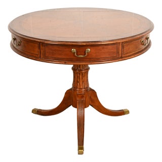 Hekman Georgian Banded Cherry Wood Pedestal Drum Side Table or Tea Table, Circa 1980s For Sale