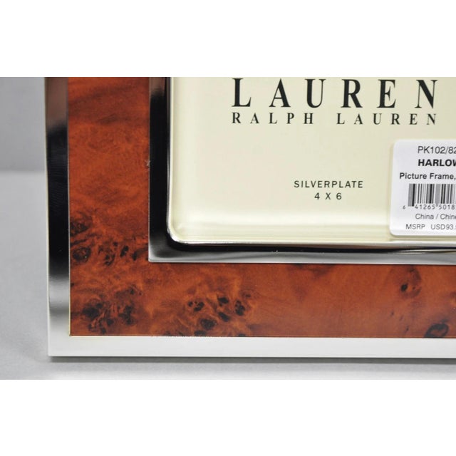 Metal Late 20th Century Lauren Ralph Lauren Harlow Burl Wood & Silver Plated 4x6 Photo Picture Frame Nib For Sale - Image 7 of 17