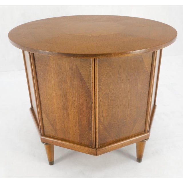 Heritage-Henredon Round Top Hexagon Two Door Cabinet Base Brass Ring Pulls Walnut Side End Table For Sale - Image 4 of 12