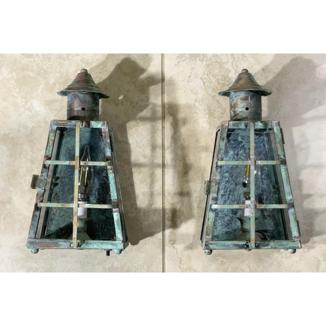 1970s Funky Vintage Pair of Solid Patinated Brass and Copper Wall Lanterns For Sale - Image 5 of 16