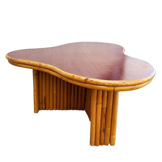 Yellow 1950s Restored Large Mid-Century Biomorphic Amoeba Rattan & Mahogany Coffee Table For Sale - Image 8 of 8