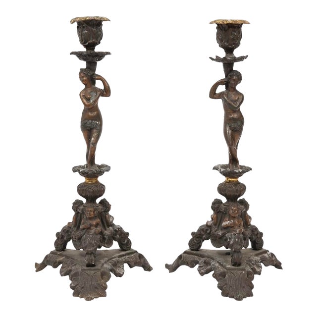 Pair of }Italian Renaissance-Revival Bronze Candlesticks For Sale