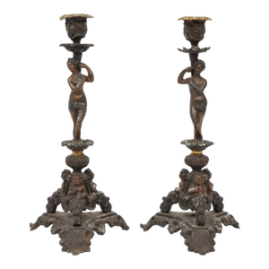 Pair of }Italian Renaissance-Revival Bronze Candlesticks