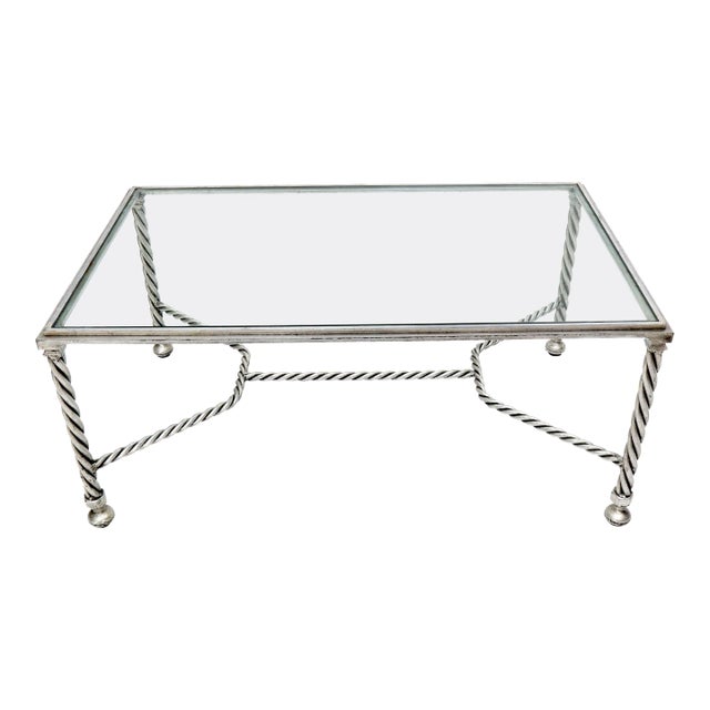 Forged Metal Twisted Rope Effect Silver Gilt Base Rectangle Coffee Table For Sale