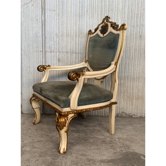 Wood Pair of Venetian Hand Painted Armchairs in White Antique Painting and Giltwood For Sale - Image 7 of 18