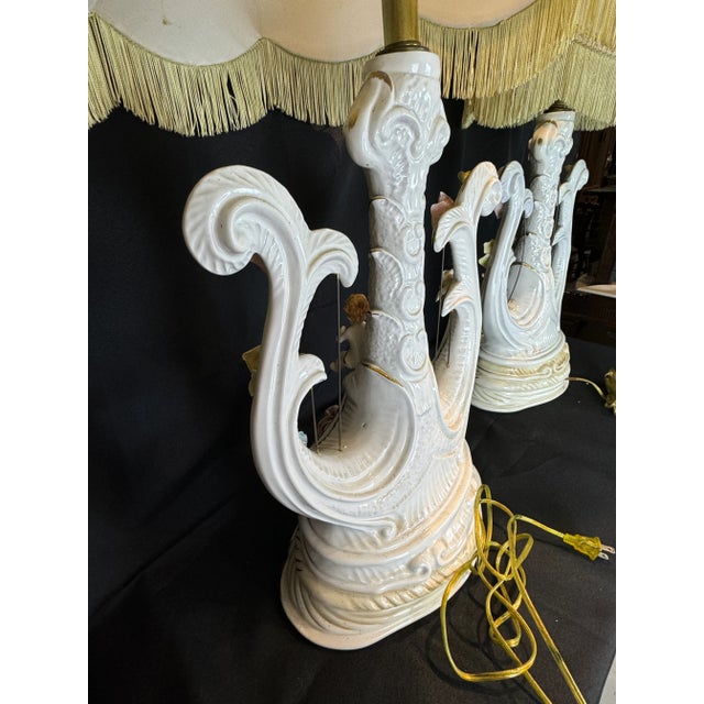 Vintage Hand Painted Italian Harp Lamps With Cherub and Flower Motif - Set of Two For Sale - Image 10 of 12