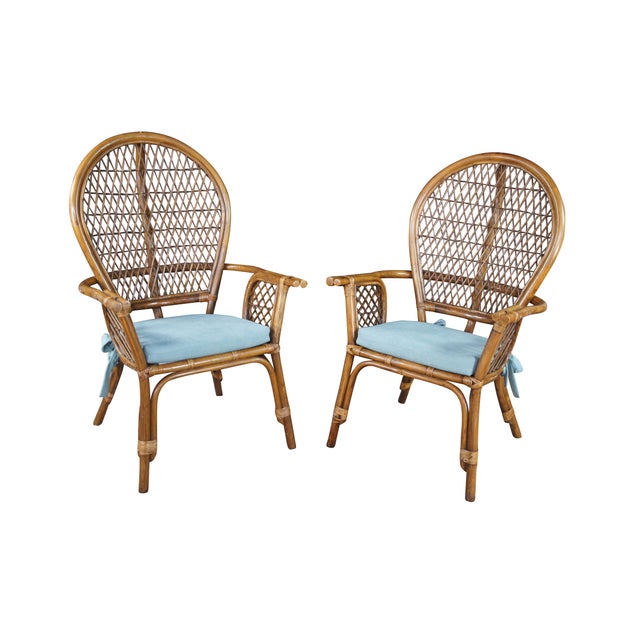 Mid-Century Modern Pair of Mid 20th Century Coastal Style Boho Chic Bamboo & Rattan Peacock Arm Chairs For Sale - Image 3 of 12