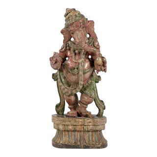 Vintage Handcrafted Large Dancing Ganesha Statue | 20" Tall Hand Painted Wood Hindu Deity Figurine | Unique Spiritual Home Decor | Indian Art Gift For Sale
