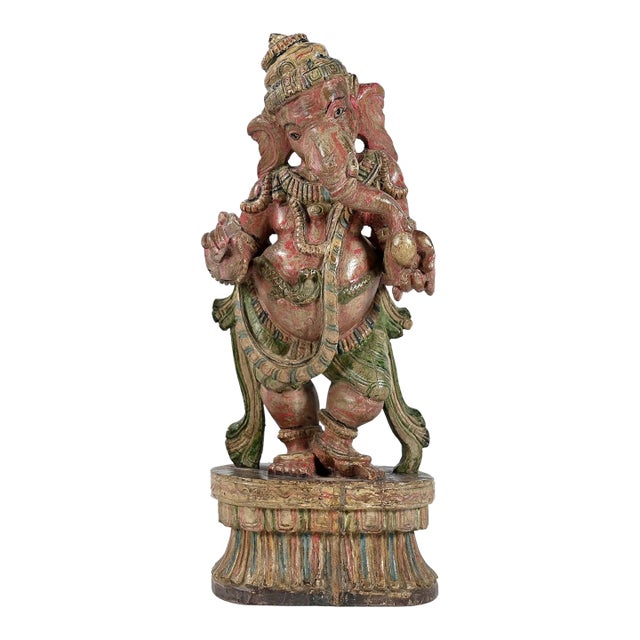 Vintage Handcrafted Large Dancing Ganesha Statue | 20" Tall Hand Painted Wood Hindu Deity Figurine | Unique Spiritual Home Decor | Indian Art Gift For Sale