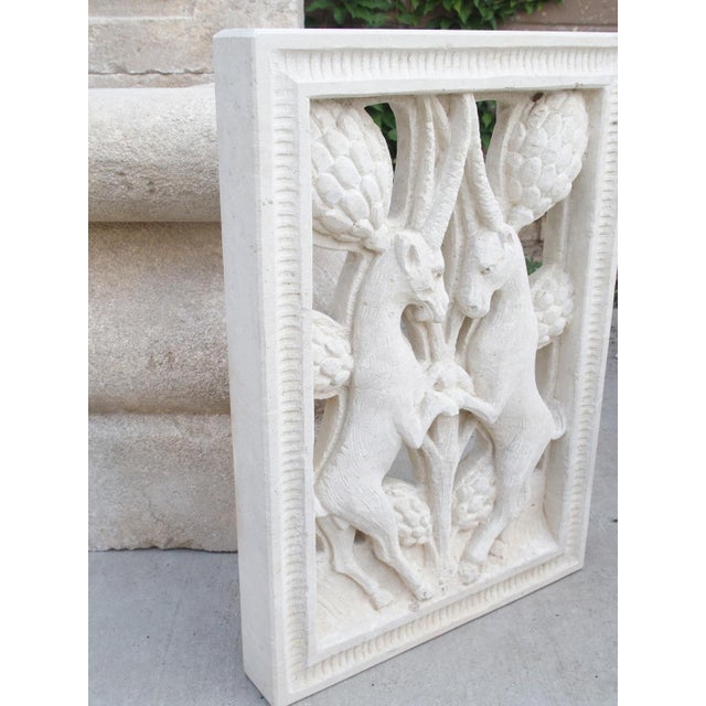 Cream Carved and Pierced Italian Limestone Plaque of Rampant Ibex For Sale - Image 8 of 12