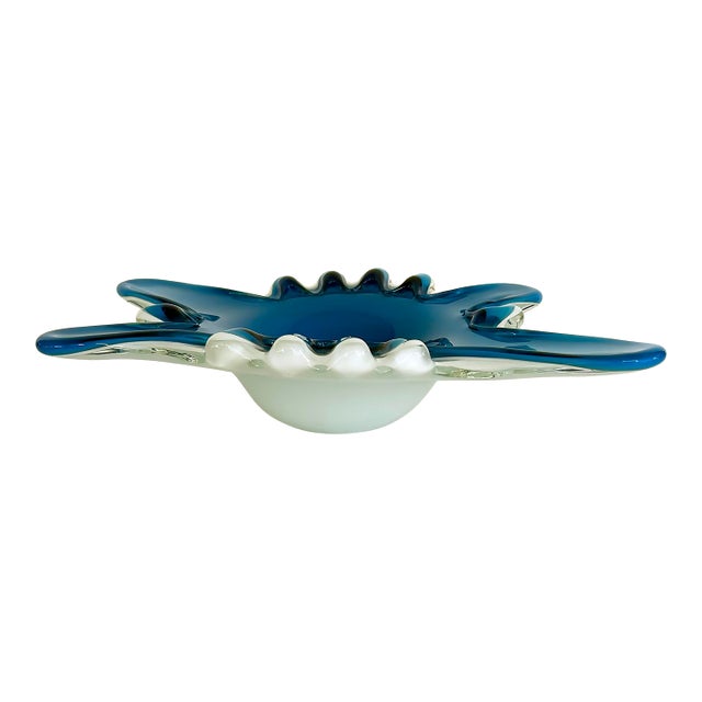 Late 20th Century Murano Blue, White Cased Pulled Blown Glass Bowl, "Star Shaped" For Sale