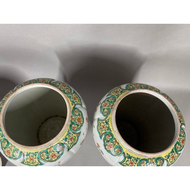 Mid-20c Chinese Famille Verte Green Porcelain Vases Pair 2pc For Sale - Image 6 of 10