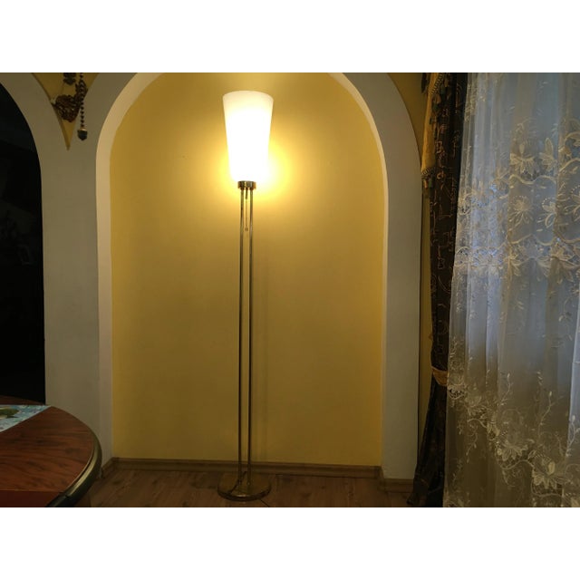 Floor lamp with A glass shade from the 1970s. The condition of the lamp base is good, numerous discolorations, brass...