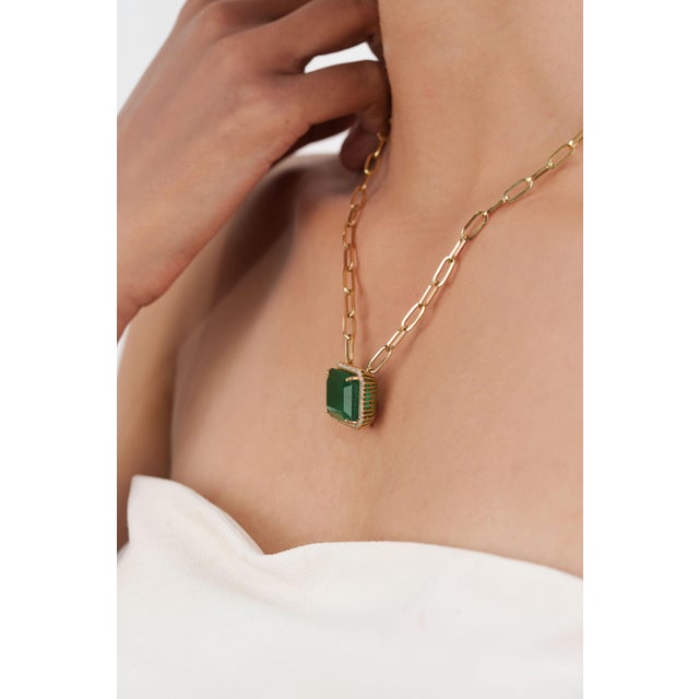 Not Yet Made - Made To Order 18.82ct Octagon Emerald & Diamond Halo Pendant Necklace With Paperclip Chain For Sale - Image 5 of 16