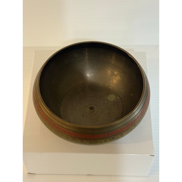 Vintage Hand-Etched Indian Brass & Enamel Decorative Bowl For Sale - Image 9 of 11