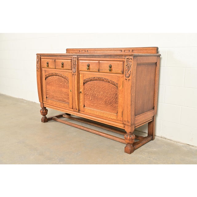 Victorian Berkey & Gay Style Antique English Jacobean Carved Oak Sideboard Buffet or Bar Cabinet, Circa 1920s For Sale - Image 3 of 16