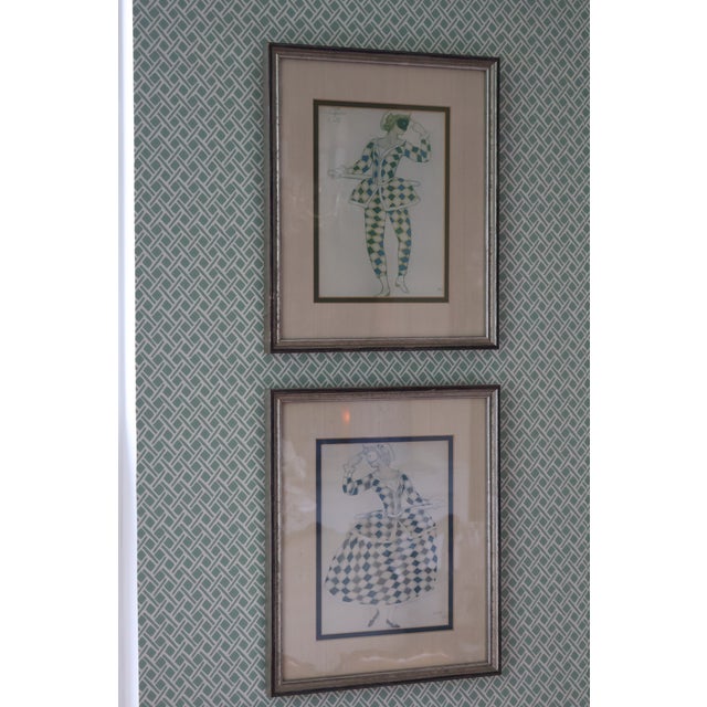 Pair of Leon Bakst 1921 Harlequin Costume Color Lithographs, Silk Matted For Sale - Image 4 of 18