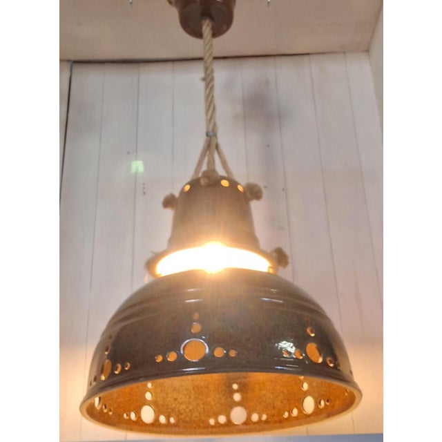 1970s Vintage Rustic Ceiling Lamp with Ceramic Shade and Rope Mount, 1970s For Sale - Image 5 of 7