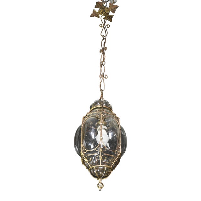 1950s Italian Charming Gilded Brass Colour Venetian Lantern, Seguso Murano Glass For Sale