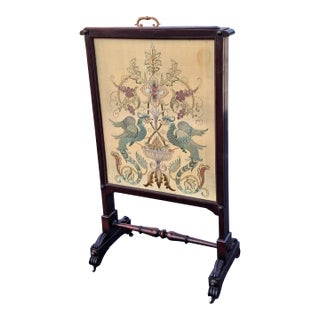 19th Century Victorian Carved Walnut and Embroidered Silk Rolling Fireplace Screen For Sale