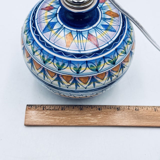 Vintage ItalianMid-Century Modern Vietri Italy D’Amore Blue Geometric Ceramic Vase Table Lamp For Sale - Image 4 of 7
