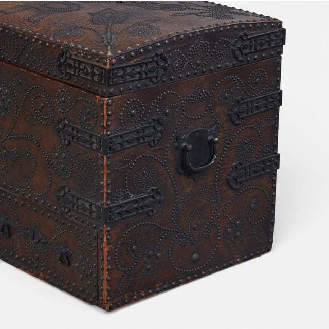 Charles II Wrought-Iron Mounted Brass-Studded Leather Coffer Trunk With Drawers For Sale - Image 9 of 12
