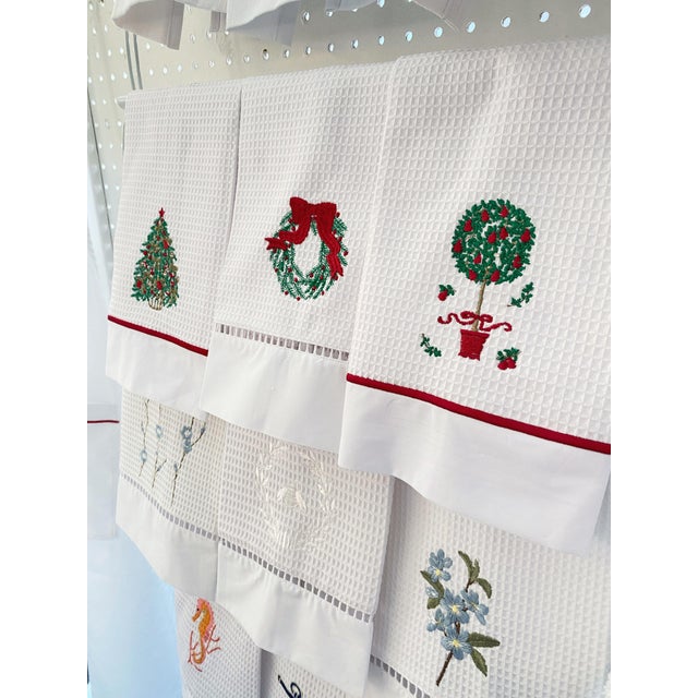 English Red Pear Topiary Tree Guest Towel, Satin Trim, Waffle Weave, Embroidered For Sale - Image 3 of 5