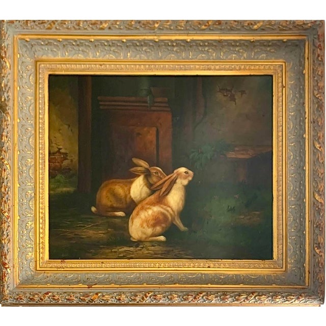 This painting depicts a serene scene of rabbits in an antique French oil style, showcasing the craftsmanship of Francois...