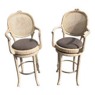 Hollywood Regency Faux Bois Cream Caned Swiveling Stools For Sale