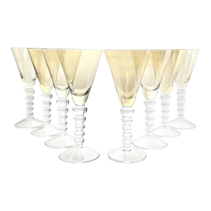 1990s Iridescent Ombré Amber Beaded Stem Large Water or Wine Goblets- Set of 8