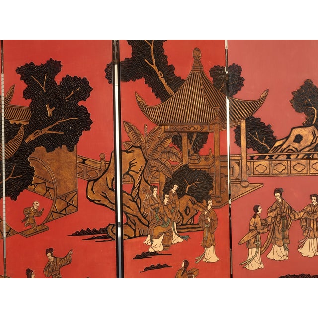 84"Tall Vintage Six Panel Oriental Asian Red Folding Screen Room Divider Palace For Sale In Los Angeles - Image 6 of 18