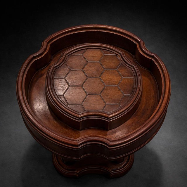 Mid-Century Modern Vintage Gentleman’s Smoking Table With Gallery Tray Top and Cigar Rest Compartments – Turned Pedestal Base For Sale - Image 3 of 9