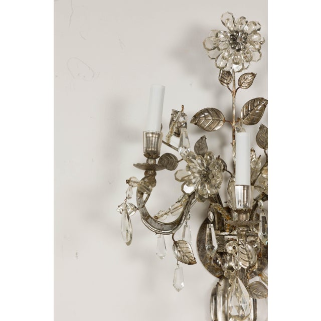 1940s Maison Baguès Crystal Three-Arm Sconces with Floral Motifs, US Wired For Sale - Image 9 of 12