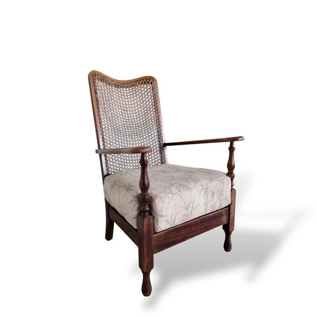 Brown Vintage Upholstered Wicker Armchair For Sale - Image 8 of 10