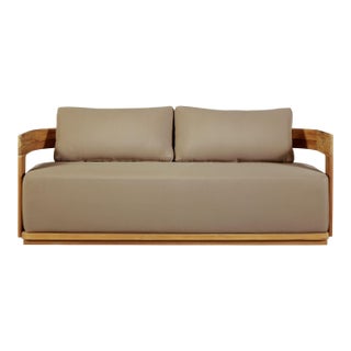 Eclipse Outdoor Solid Teak Wood Love Seat - Light Brown Fabric For Sale