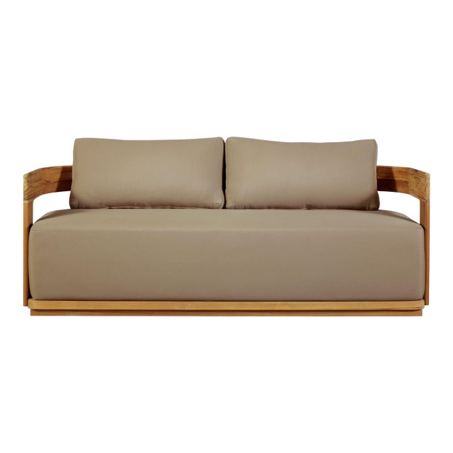 Eclipse Outdoor Solid Teak Wood Love Seat - Light Brown Fabric For Sale