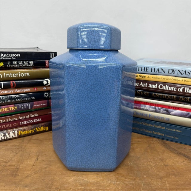 "About This Piece About This Piece This striking hexagonal ginger jar in a rich azure blue glaze captures the eye with its...