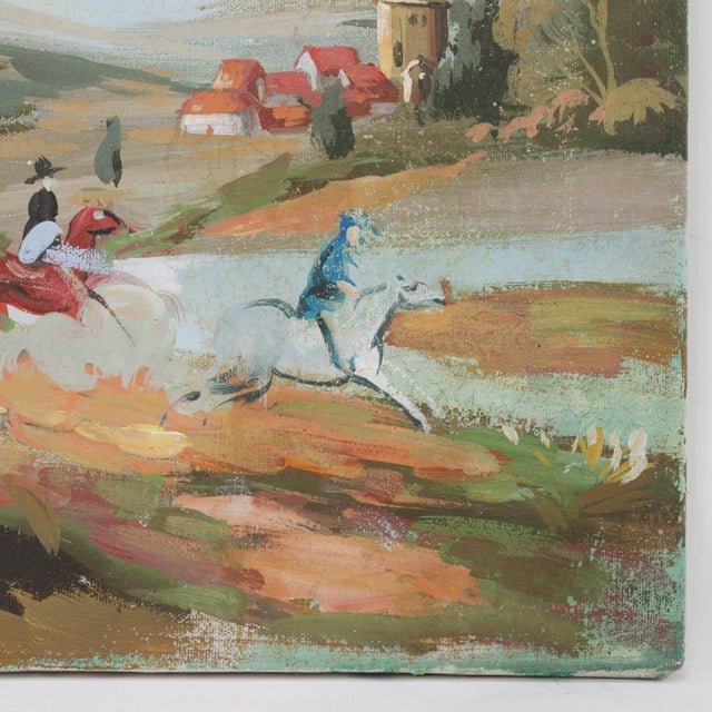 Vintage Horseback Riders Landscape Painting With Tower and Village For Sale - Image 4 of 9
