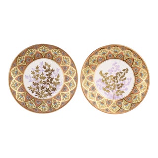 Derby Porcelain Aesthetic Period Gilt and Enameled Botanical Cabinet Plate - A Pair For Sale