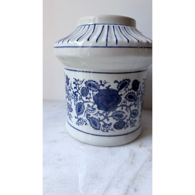 Blue Asian- Chinoiserie Floral Body Paired With a Striped Pagoda Roof Lid Canister For Sale - Image 8 of 9
