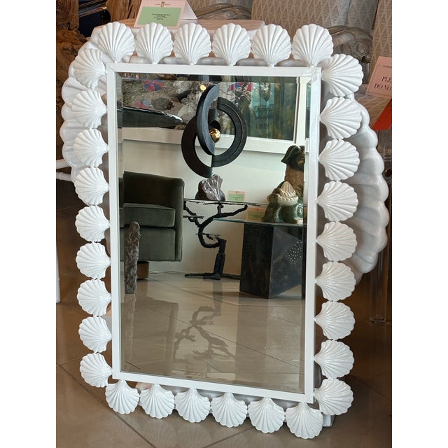 Hollywood Regency Vtg. Palm Beach Metal Seashell Scalloped Wall Mirror Newly Powder-Coated White For Sale - Image 3 of 9