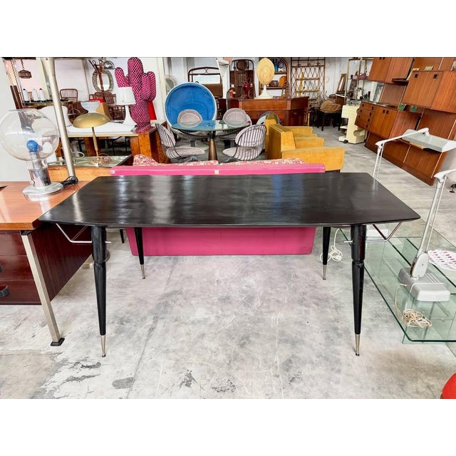 Black Lacquered Wood Dining Table with Conical Legs and Chrome Details, 1960s For Sale - Image 9 of 9