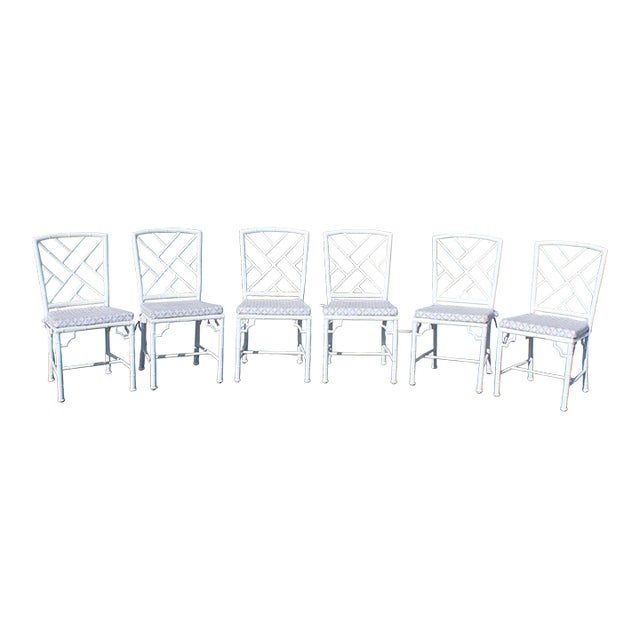 Hollywood Regency Chinoiserie Faux Bamboo Aluminum Patio Chairs—Set of 6 For Sale