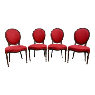 Vintage Set of Four Carved & Inlaid Regency Style Rounded Back Red Side Chairs For Sale