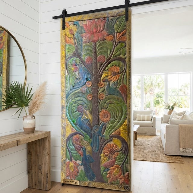 Wood Vintage Hand-Painted Tree of Life Wood Wall Panel With Carved Peacock & Lotus Art 84x36 For Sale - Image 7 of 7