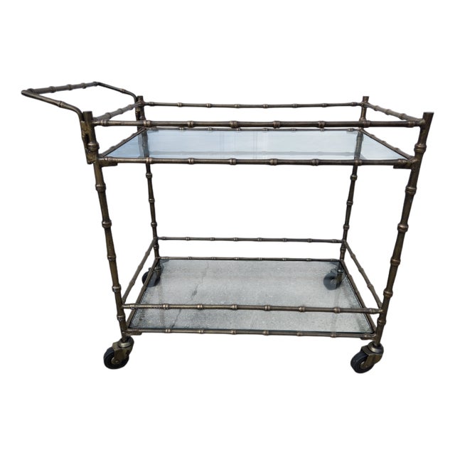 Vintage Faux Bamboo Italian Tea Bar Cart Bronze Server Console Maison Style For Sale