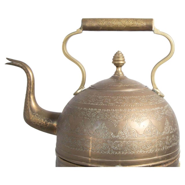 Moroccan Monumental Moroccan Engraved Brass Tea Kettle on Stand For Sale - Image 3 of 17