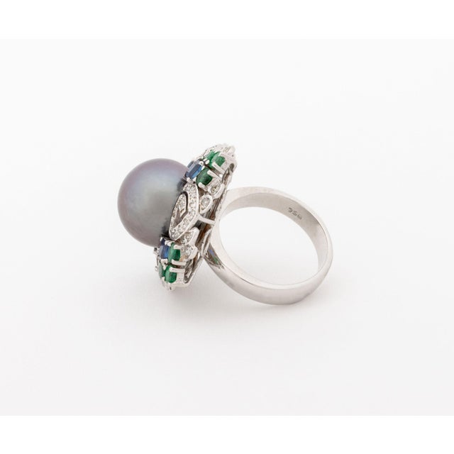 Metal Art Deco Style 18k White Gold, Pearl, Multicolor Gemstone, and Diamond Ring For Sale - Image 7 of 9